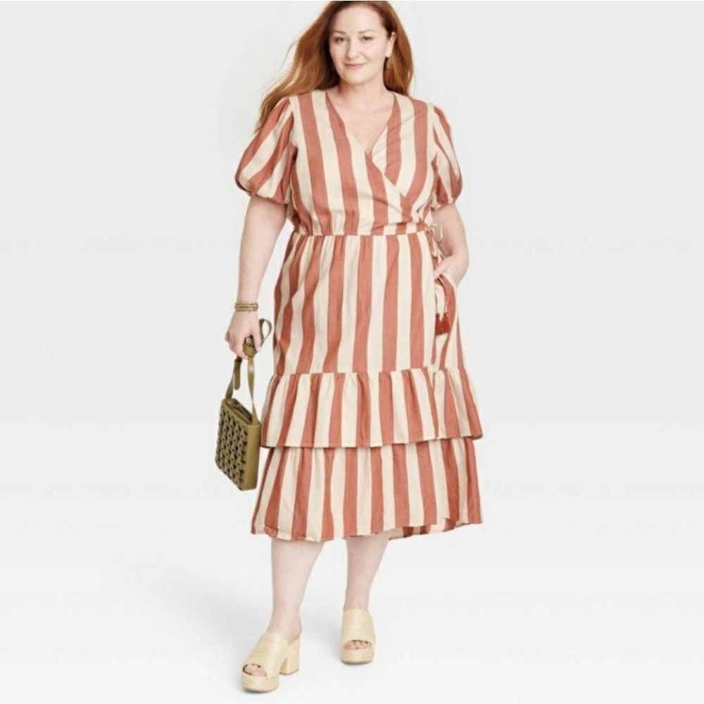 KNOX ROSE BRICK RED & CREAM STRIPE SHORT SLEEVE COTTON WRAP DRESS SIZE XXL